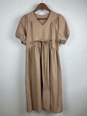 Nature Boutique Neutral Midi Dress Puff Sleeve Tie Front Minimalist Cottagecore